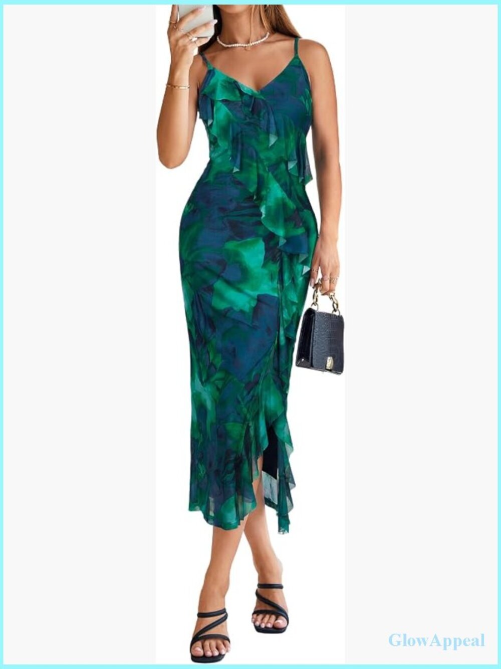 Sleeveless V-Neck Bodycon Maxi Dress with Floral Ruffle and Slit